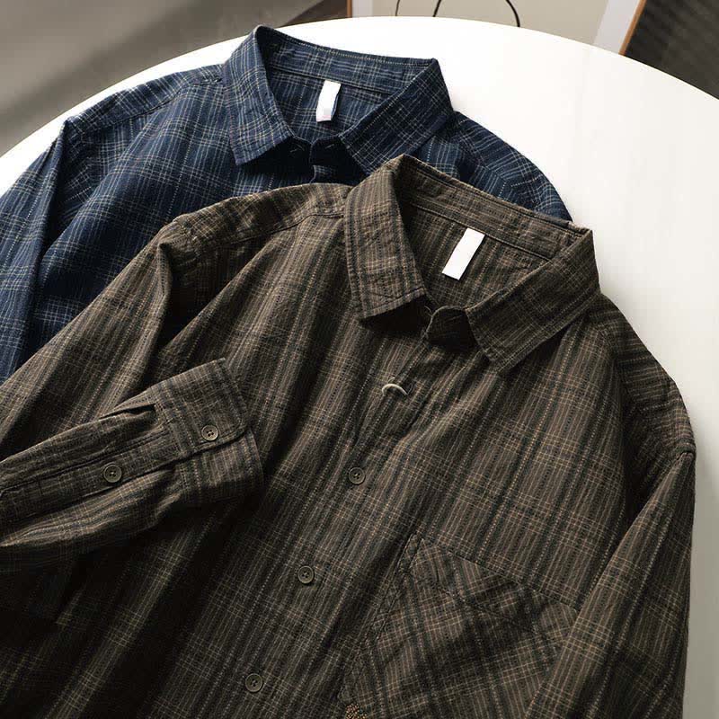 Buddha Stones Fall Commute Embroidery Plaid Pattern Men's Cotton Long Sleeve Shirts With Pocket - image 18