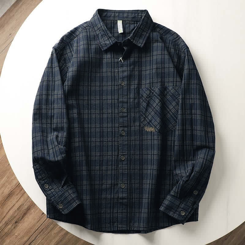 Buddha Stones Fall Commute Embroidery Plaid Pattern Men's Cotton Long Sleeve Shirts With Pocket - DarkBlue - US/UK/AU42,EU52 (3XL) - image 1
