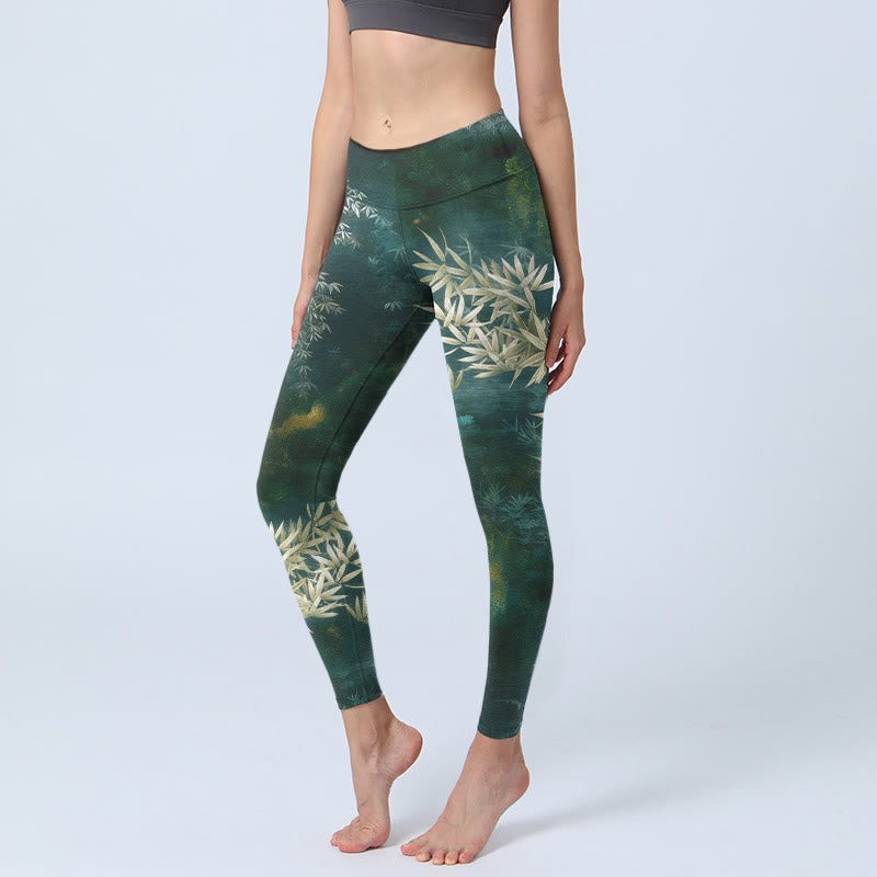 Buddha Stones Elegant Bamboo Leaf Pattern Print Gym Leggings Women's Yoga Pants - DarkGreen - US18,UK/AU22,EU50 (4XL) - image 0