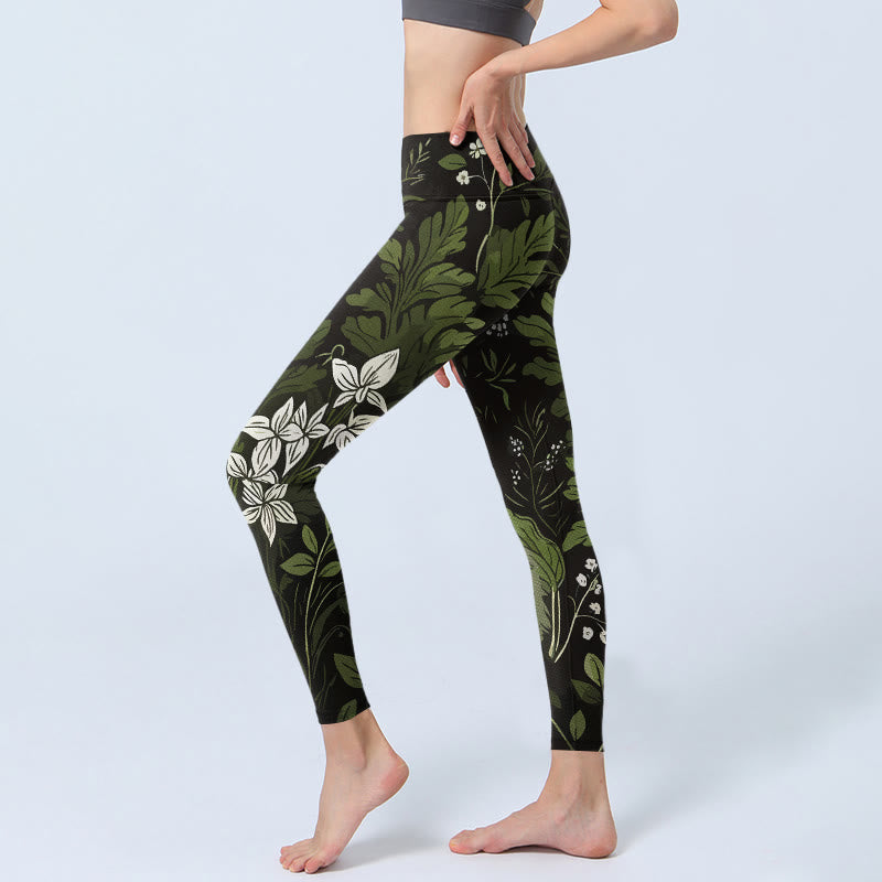 Buddha Stones Retro Flower Leaf Pattern Print Gym Leggings Women's Yoga Pants - image 2