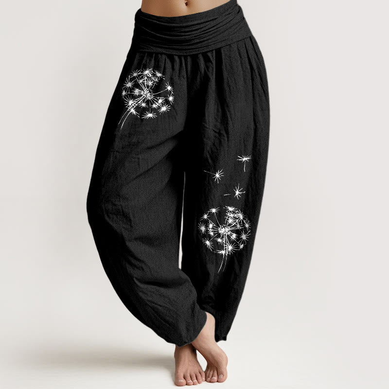 Buddha Stones Pure Cotton Concise Dandelion Pattern Women's Elastic Waist Harem Pants - Black - US16,UK/AU20,EU48 (3XL) - image 5