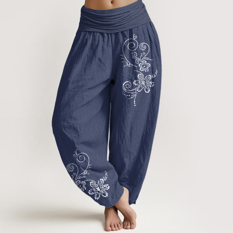 Buddha Stones Pure Cotton Composed Of Dots Vine Flower Pattern Women's Elastic Waist Harem Pants - DarkSlateBlue - US16,UK/AU20,EU48 (3XL) - image 0