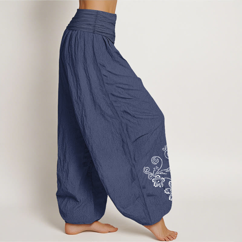 Buddha Stones Pure Cotton Composed Of Dots Vine Flower Pattern Women's Elastic Waist Harem Pants - image 2