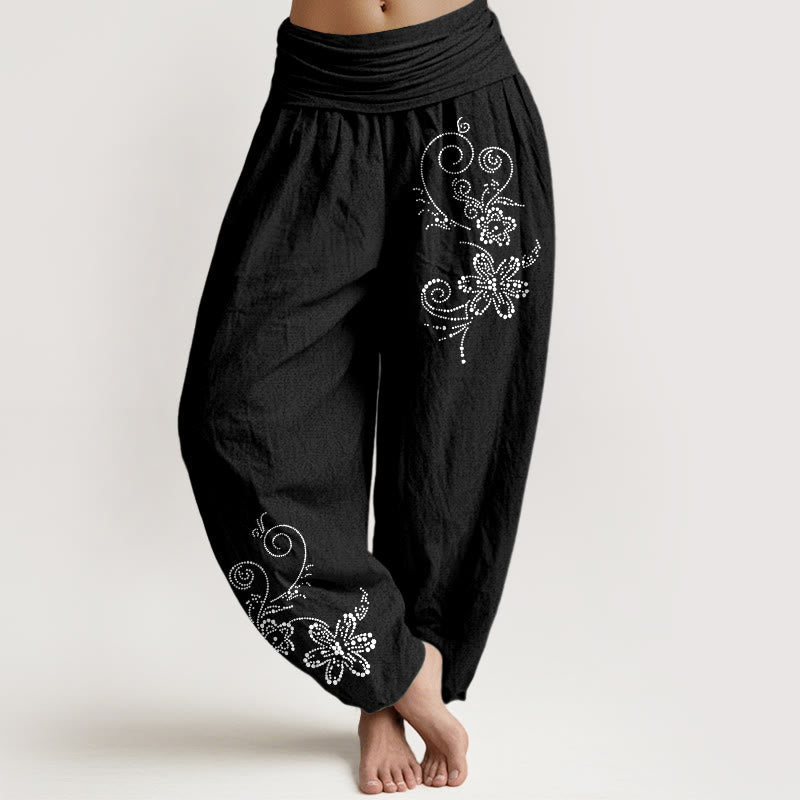 Buddha Stones Pure Cotton Composed Of Dots Vine Flower Pattern Women's Elastic Waist Harem Pants - Black - US16,UK/AU20,EU48 (3XL) - image 5