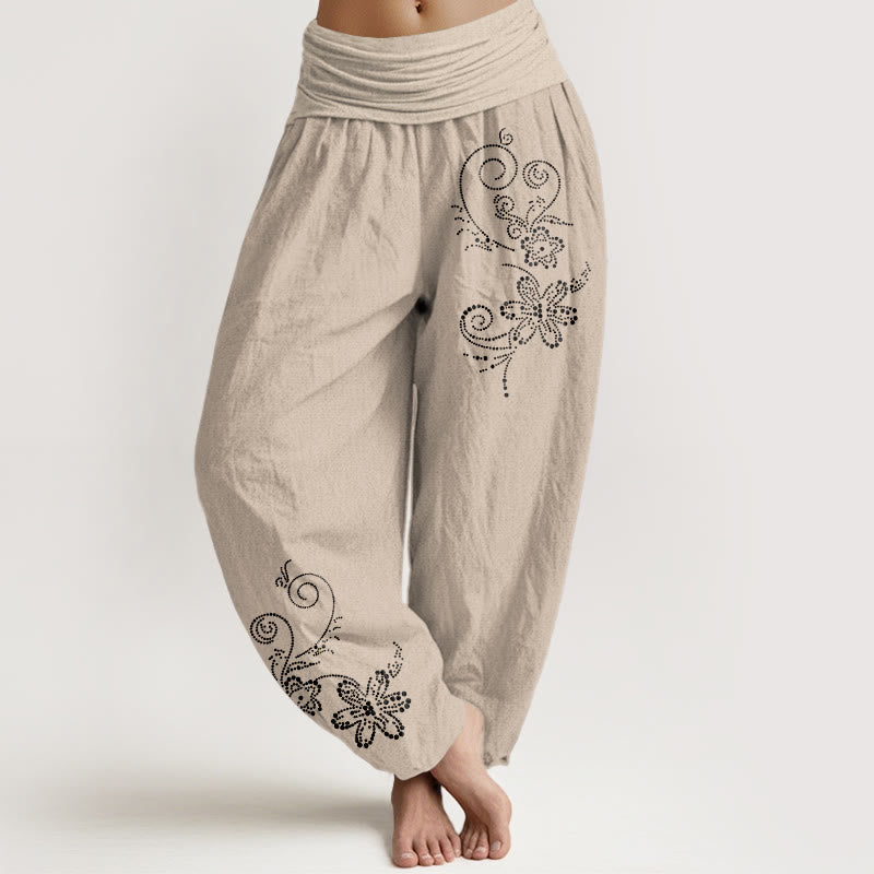 Buddha Stones Pure Cotton Composed Of Dots Vine Flower Pattern Women's Elastic Waist Harem Pants - Tan - US16,UK/AU20,EU48 (3XL) - image 11