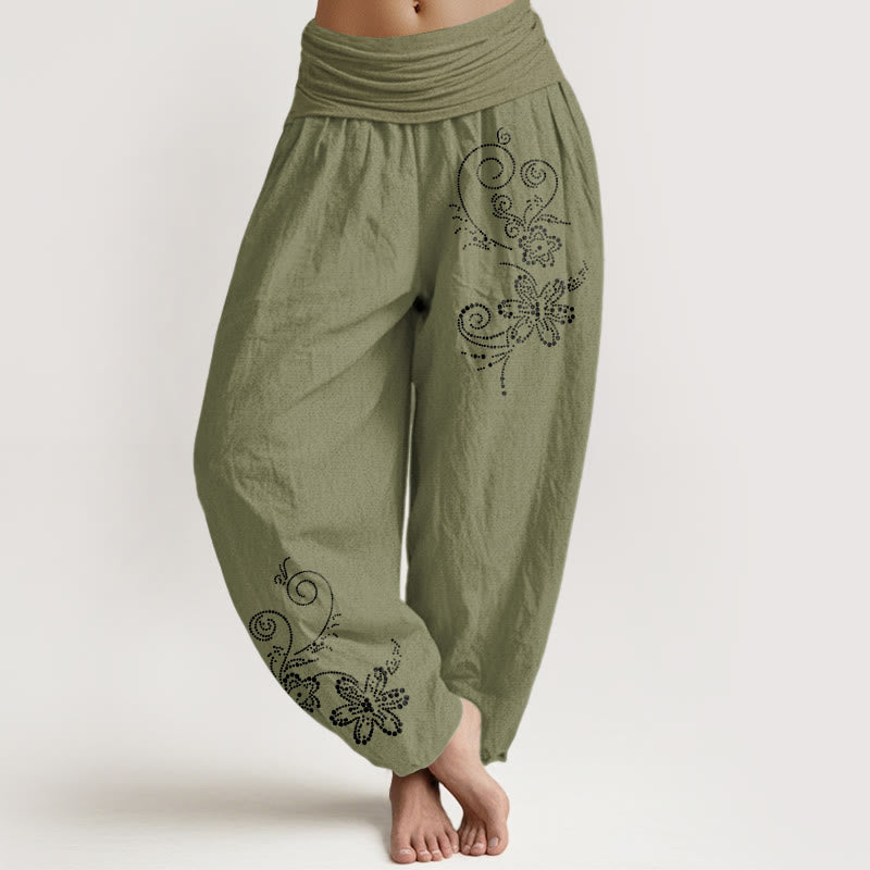 Buddha Stones Pure Cotton Composed Of Dots Vine Flower Pattern Women's Elastic Waist Harem Pants - OliveDrab - US16,UK/AU20,EU48 (3XL) - image 14