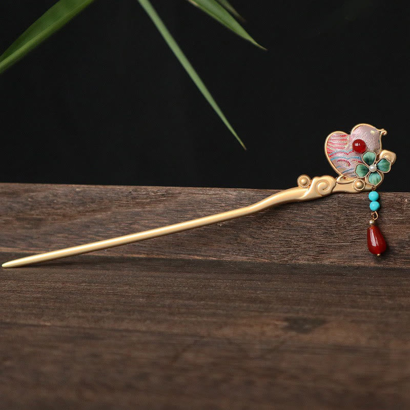 Buddha Stones Gourd Flower Pattern Red Agate Copper Calm Hairpin - Gourd Flower Pattern - image 0