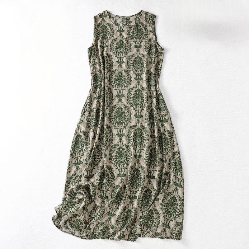 Buddha Stones Commute Summer Printing Simple Design Crew Neck Sleeveless Maxi Dress - DarkGreen - US14,UK/AU18,EU46 (2XL) - image 1