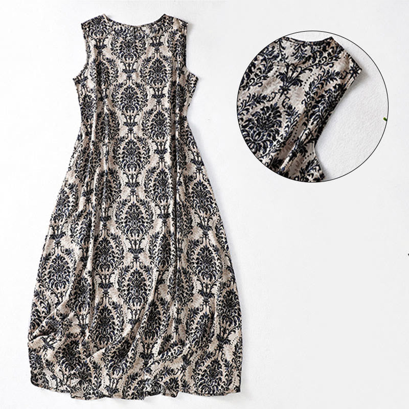 Buddha Stones Commute Summer Printing Simple Design Crew Neck Sleeveless Maxi Dress - image 12