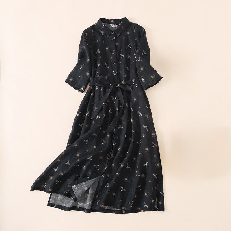 Buddha Stones Summer Printing Floral Button Lace-Up Design Half Sleeve Midi Dress With Pockets - Black - US12,UK/AU16,EU44 (3XL) - image 11