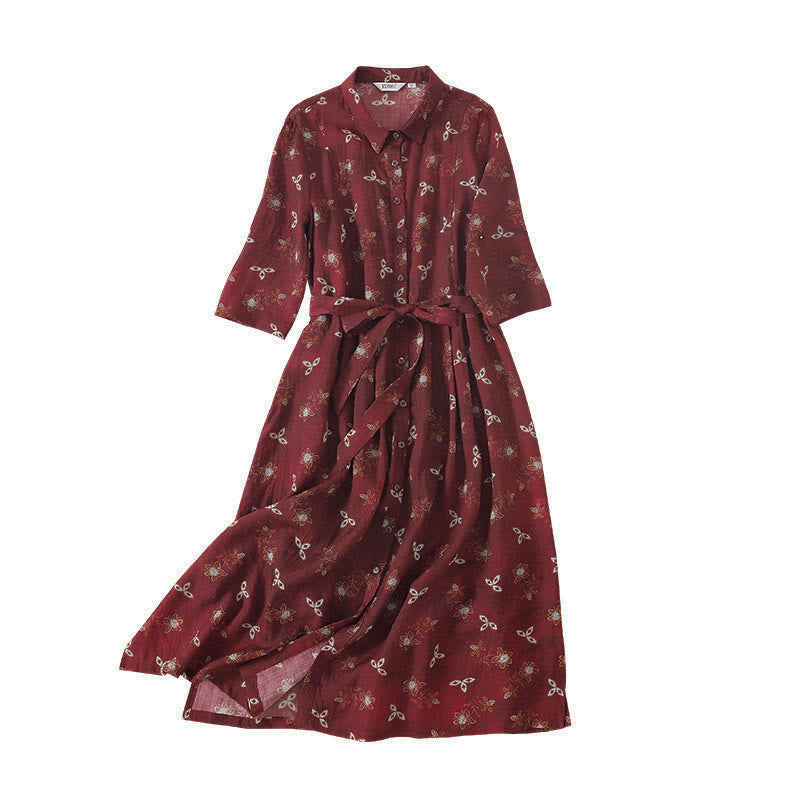Buddha Stones Summer Printing Floral Button Lace-Up Design Half Sleeve Midi Dress With Pockets - image 10