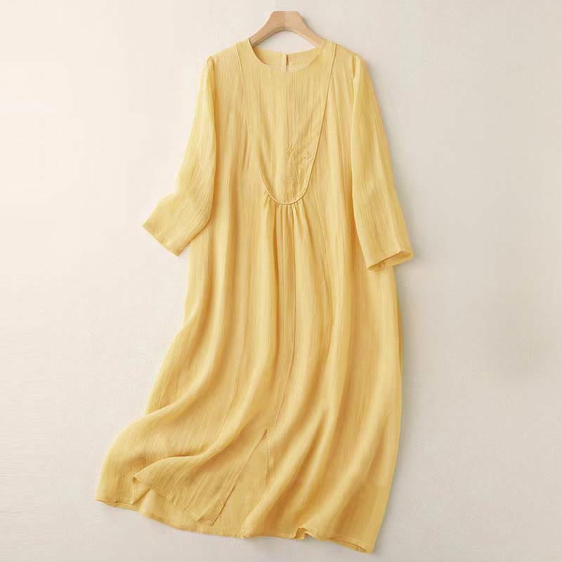 Buddha Stones Commute Solid Color Embroidery Double Layer Crew Neck Long Sleeve Cotton Midi Dress - Gold - US8-10,UK/AU12-14,EU40-42 (2XL) - image 0