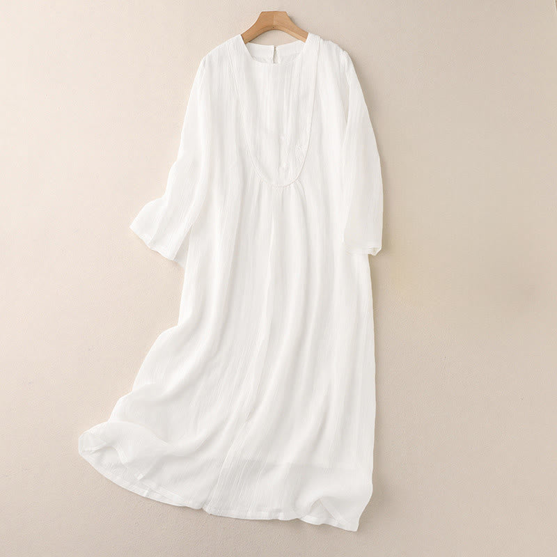Buddha Stones Commute Solid Color Embroidery Double Layer Crew Neck Long Sleeve Cotton Midi Dress - White - US8-10,UK/AU12-14,EU40-42 (2XL) - image 4