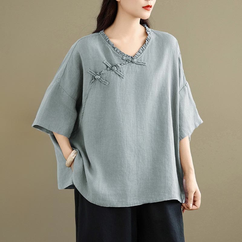 Buddha Stones Spring V-Neck Frog-Button Long Sleeve Plain Women's Cotton Shirt - image 2