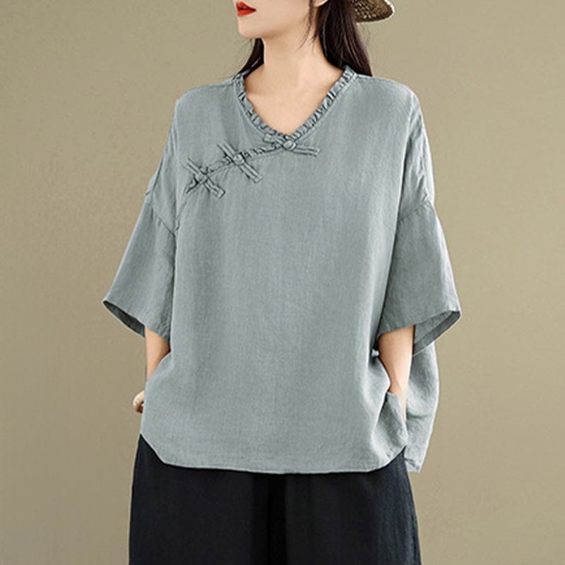 Buddha Stones Spring V-Neck Frog-Button Long Sleeve Plain Women's Cotton Shirt - image 4