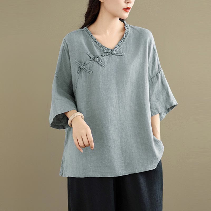 Buddha Stones Spring V-Neck Frog-Button Long Sleeve Plain Women's Cotton Shirt - image 1