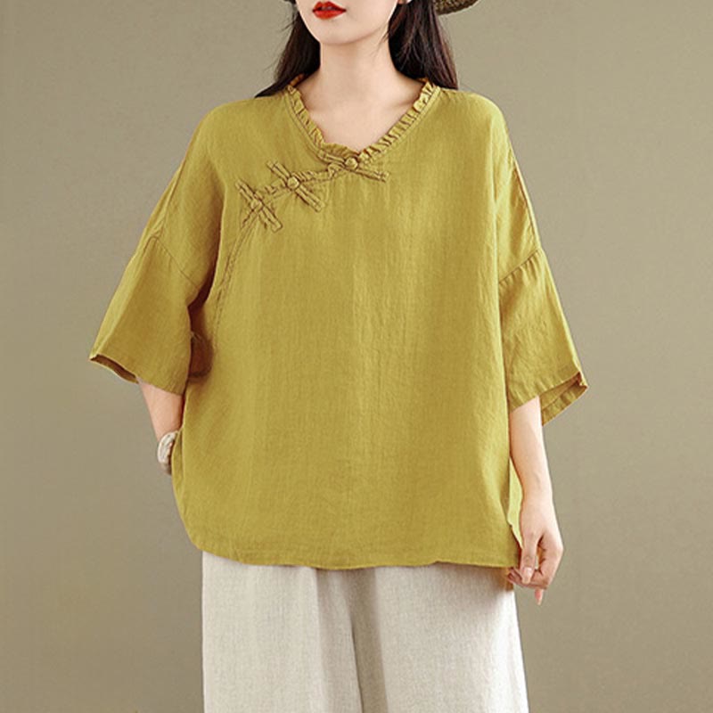 Buddha Stones Spring V-Neck Frog-Button Long Sleeve Plain Women's Cotton Shirt - Goldenrod - US8-10,UK/AU12-14,EU40-42 (2XL) - image 6