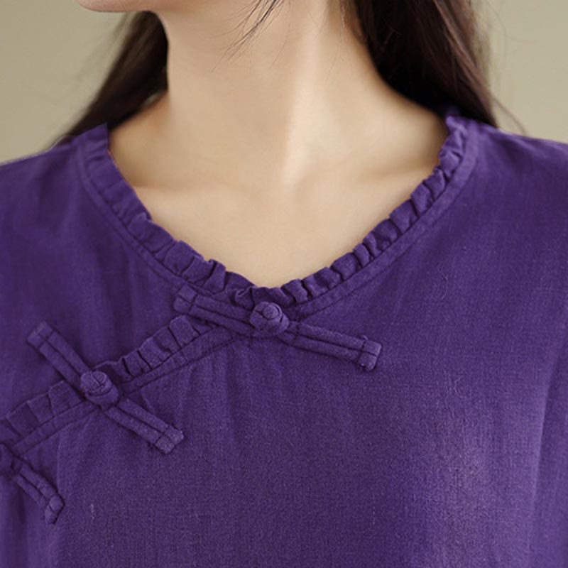 Buddha Stones Spring V-Neck Frog-Button Long Sleeve Plain Women's Cotton Shirt - image 18