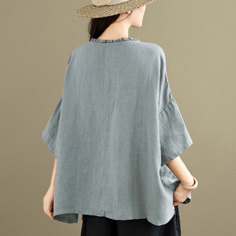 Buddha Stones Spring V-Neck Frog-Button Long Sleeve Plain Women's Cotton Shirt - image 5