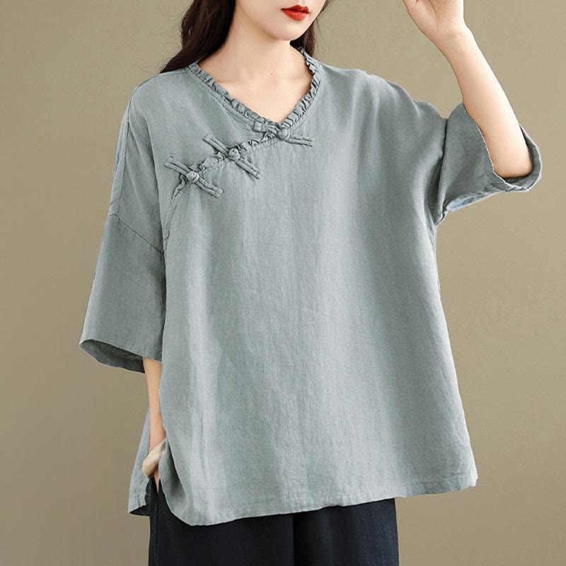 Buddha Stones Spring V-Neck Frog-Button Long Sleeve Plain Women's Cotton Shirt - image 3