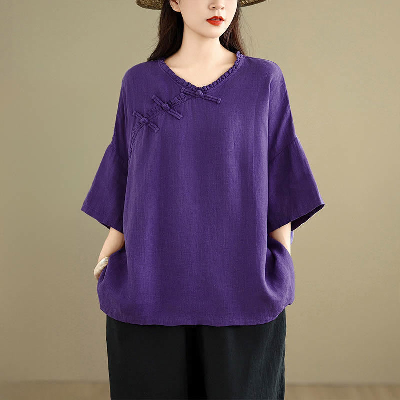 Buddha Stones Spring V-Neck Frog-Button Long Sleeve Plain Women's Cotton Shirt - image 13