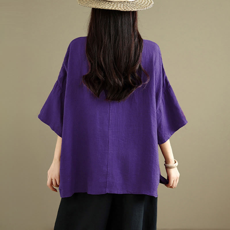 Buddha Stones Spring V-Neck Frog-Button Long Sleeve Plain Women's Cotton Shirt - image 17