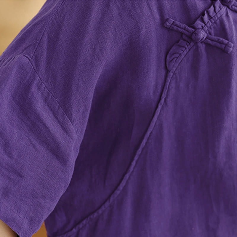 Buddha Stones Spring V-Neck Frog-Button Long Sleeve Plain Women's Cotton Shirt - image 21