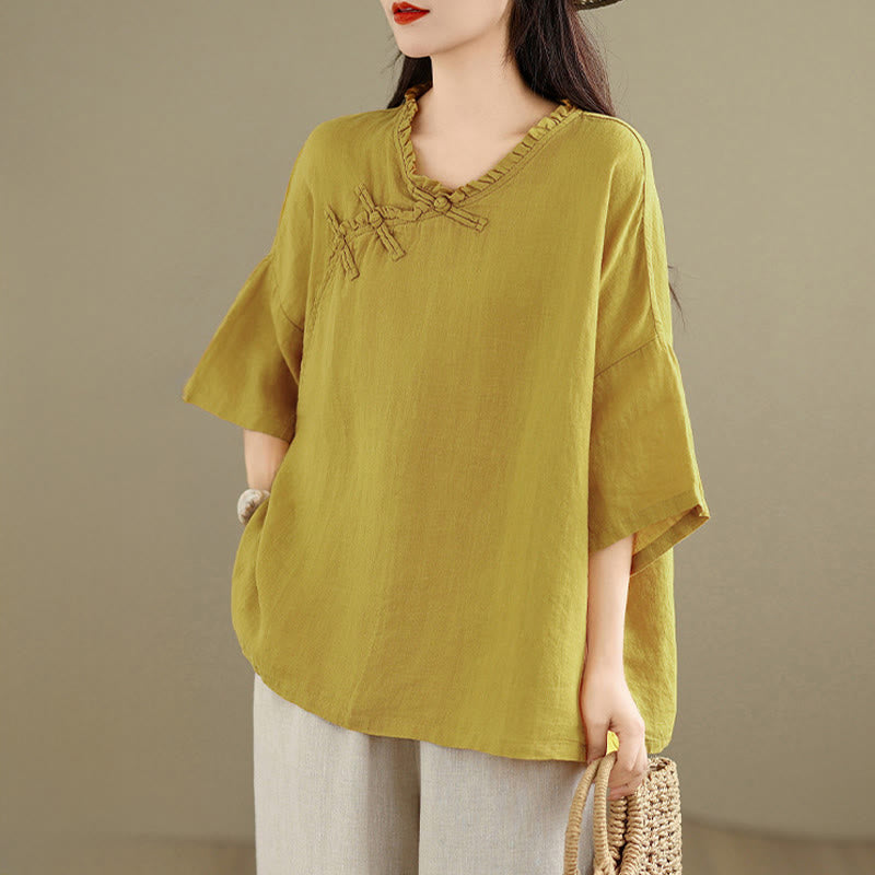 Buddha Stones Spring V-Neck Frog-Button Long Sleeve Plain Women's Cotton Shirt - image 9
