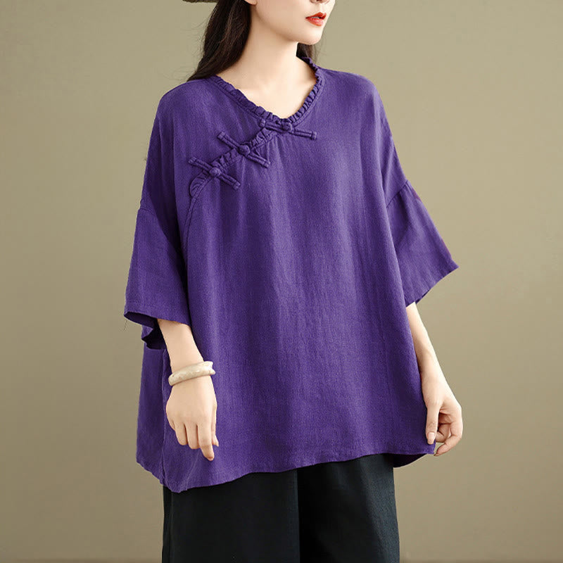 Buddha Stones Spring V-Neck Frog-Button Long Sleeve Plain Women's Cotton Shirt - image 14