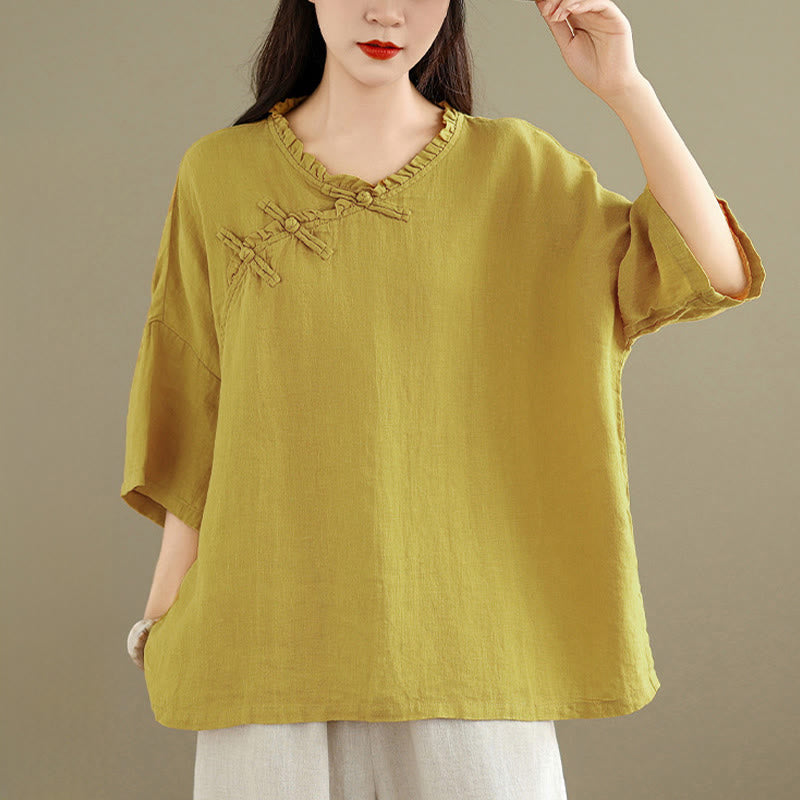 Buddha Stones Spring V-Neck Frog-Button Long Sleeve Plain Women's Cotton Shirt - image 7
