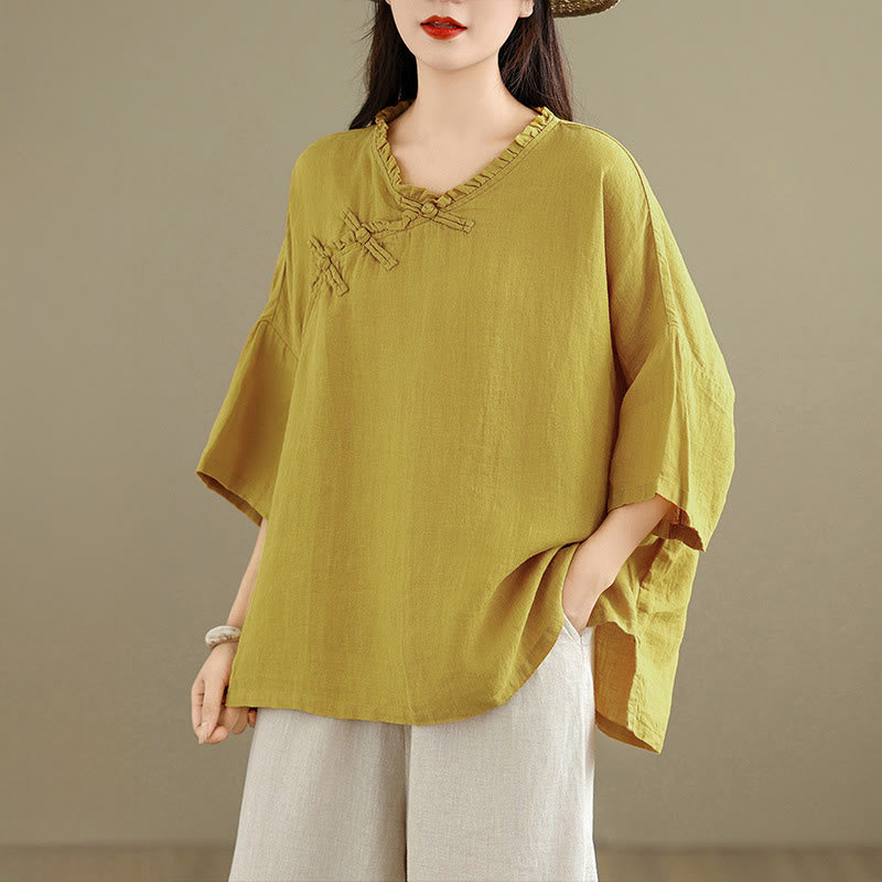 Buddha Stones Spring V-Neck Frog-Button Long Sleeve Plain Women's Cotton Shirt - image 10