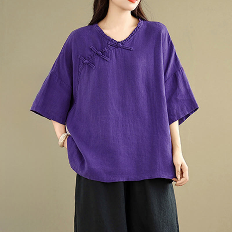 Buddha Stones Spring V-Neck Frog-Button Long Sleeve Plain Women's Cotton Shirt - Indigo - US8-10,UK/AU12-14,EU40-42 (2XL) - image 12