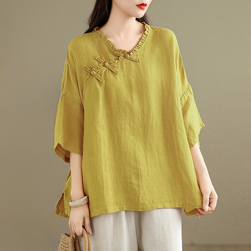 Buddha Stones Spring V-Neck Frog-Button Long Sleeve Plain Women's Cotton Shirt - image 8