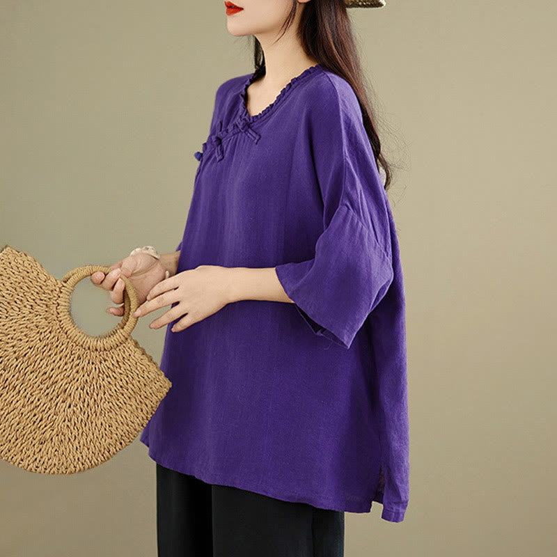 Buddha Stones Spring V-Neck Frog-Button Long Sleeve Plain Women's Cotton Shirt - image 16