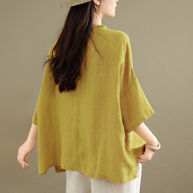 Buddha Stones Spring V-Neck Frog-Button Long Sleeve Plain Women's Cotton Shirt - image 11