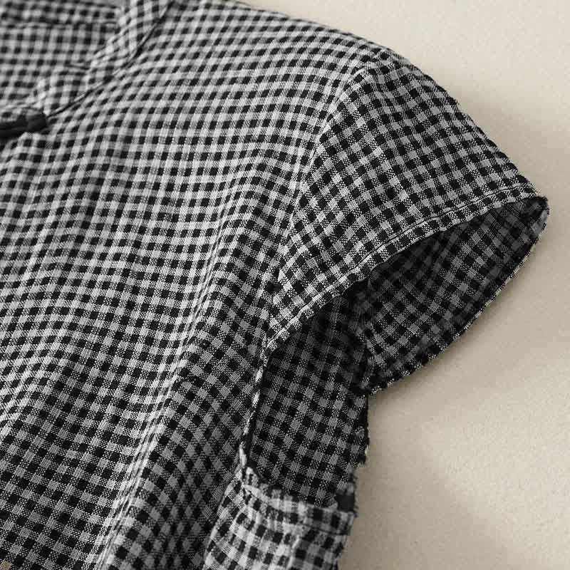 Buddha Stones Summer Crew Neck Frog-Button Short Sleeve Plaid Women's Cotton Shirt - image 2