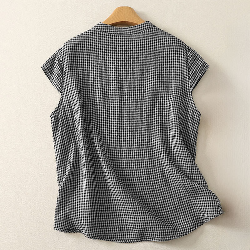 Buddha Stones Summer Crew Neck Frog-Button Short Sleeve Plaid Women's Cotton Shirt - image 1