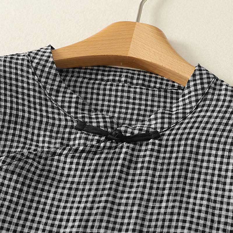 Buddha Stones Summer Crew Neck Frog-Button Short Sleeve Plaid Women's Cotton Shirt - image 3