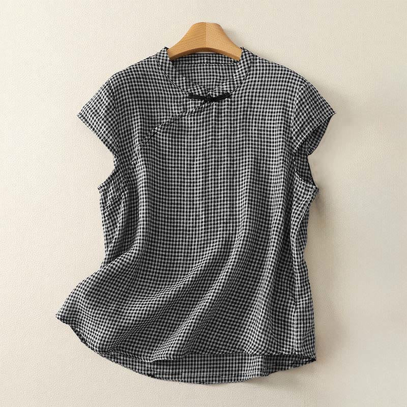 Buddha Stones Summer Crew Neck Frog-Button Short Sleeve Plaid Women's Cotton Shirt - Black - US8-10,UK/AU12-14,EU40-42 (2XL) - image 0
