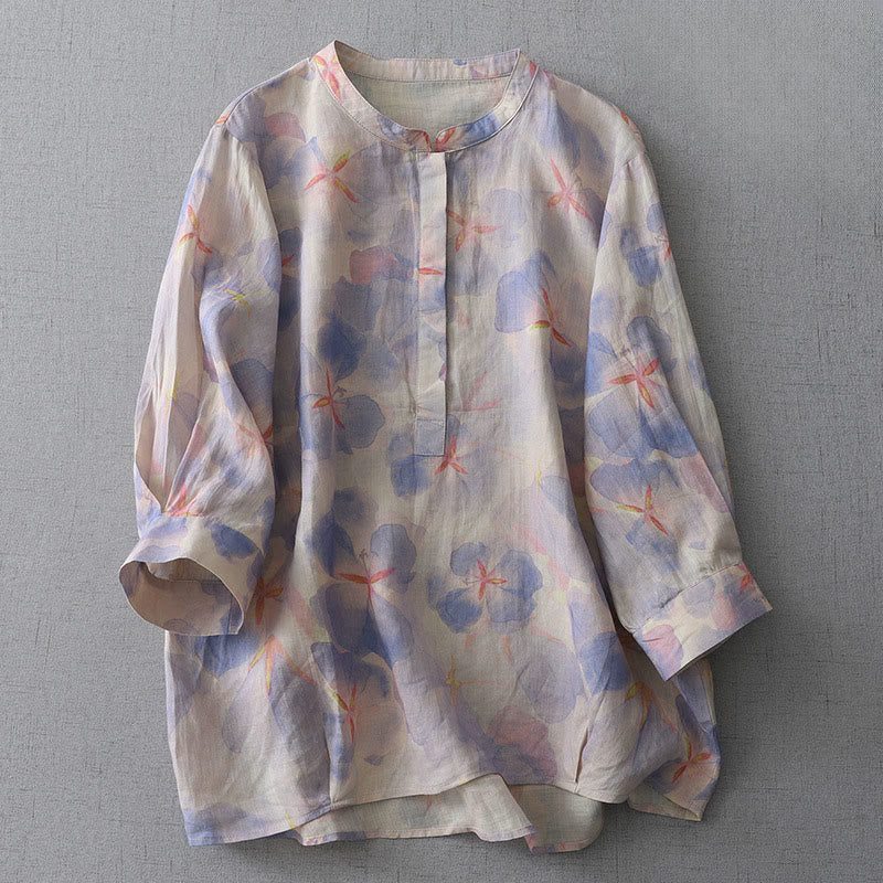 Buddha Stones Spring Floral Pattern Crew Neck Long Sleeve Women's Polyester Shirt - MediumSlateBlue - US8-10,UK/AU12-14,EU40-42 (2XL) - image 1