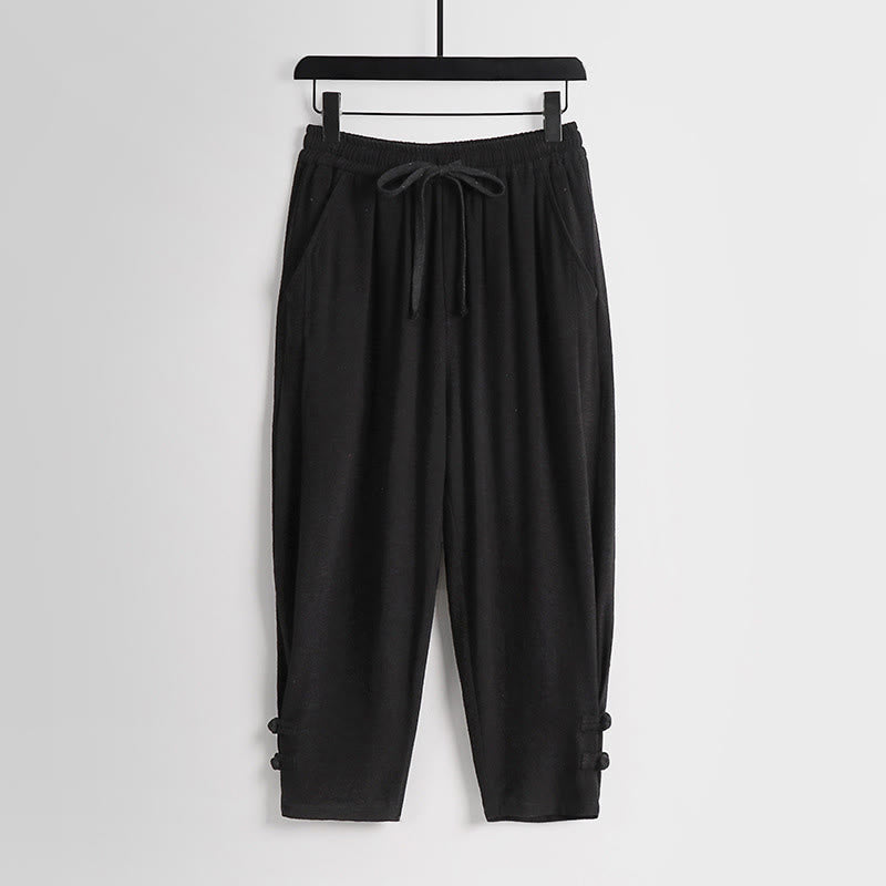 Buddha Stones Summer Drawstring Elastic Waist Frog-Button Ankle-Length Men's Cotton Linen Pants With Pockets - Black - US/UK/AU54,EU64 (9XL) - image 10