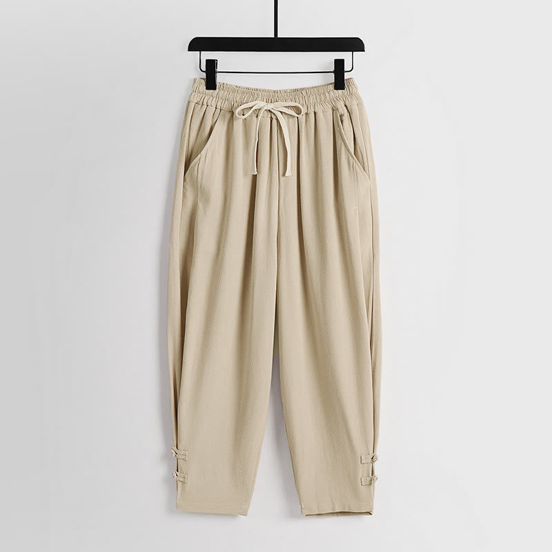 Buddha Stones Summer Drawstring Elastic Waist Frog-Button Ankle-Length Men's Cotton Linen Pants With Pockets - Bisque - US/UK/AU54,EU64 (9XL) - image 11