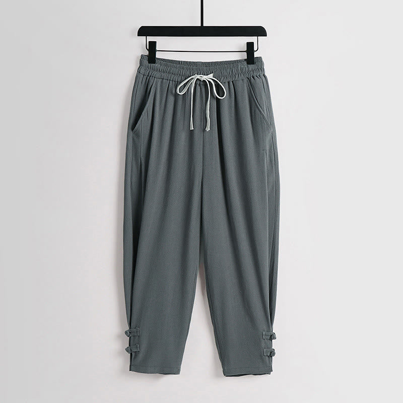 Buddha Stones Summer Drawstring Elastic Waist Frog-Button Ankle-Length Men's Cotton Linen Pants With Pockets - CadetBlue - US/UK/AU54,EU64 (9XL) - image 0