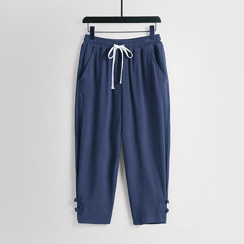 Buddha Stones Summer Drawstring Elastic Waist Frog-Button Ankle-Length Men's Cotton Linen Pants With Pockets - SteelBlue - US/UK/AU54,EU64 (9XL) - image 12