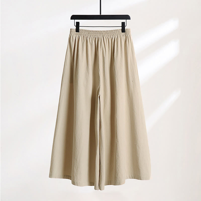 Buddha Stones Plain Lace-up Drawstring Design Men's Ankle-Length Cotton Linen Wide Leg Pants With Pockets - image 1
