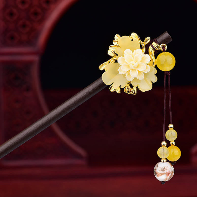 Buddha Stones Green Yellow White Flower Liuli Glass Wood Hairpin - Yellow - image 6