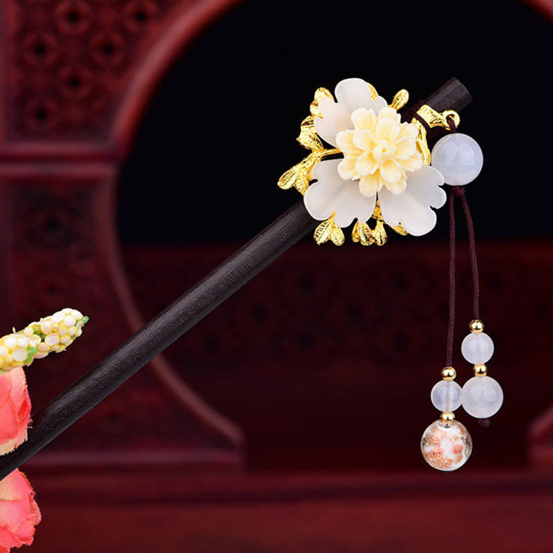 Buddha Stones Green Yellow White Flower Liuli Glass Wood Hairpin - White - image 7