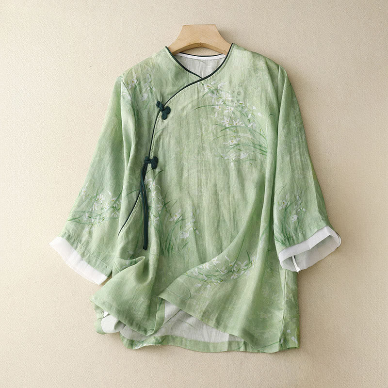 Buddha Stones White Orchid Red Flowers Frog-Button Design Three Quarter Sleeve Women's Shirt - LightGreen - US14,UK/AU18,EU46 (2XL) - image 0