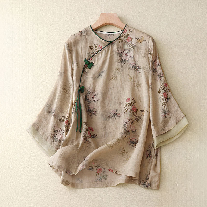 Buddha Stones White Orchid Red Flowers Frog-Button Design Three Quarter Sleeve Women's Shirt - BurlyWood - US14,UK/AU18,EU46 (2XL) - image 8