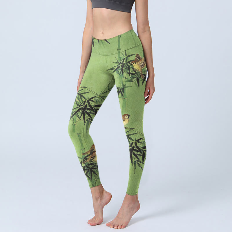 Buddha Stones Elegant Bird Bamboo Leaf Pattern Print Gym Leggings Women's Yoga Pants - YellowGreen - US18,UK/AU22,EU50 (4XL) - image 0